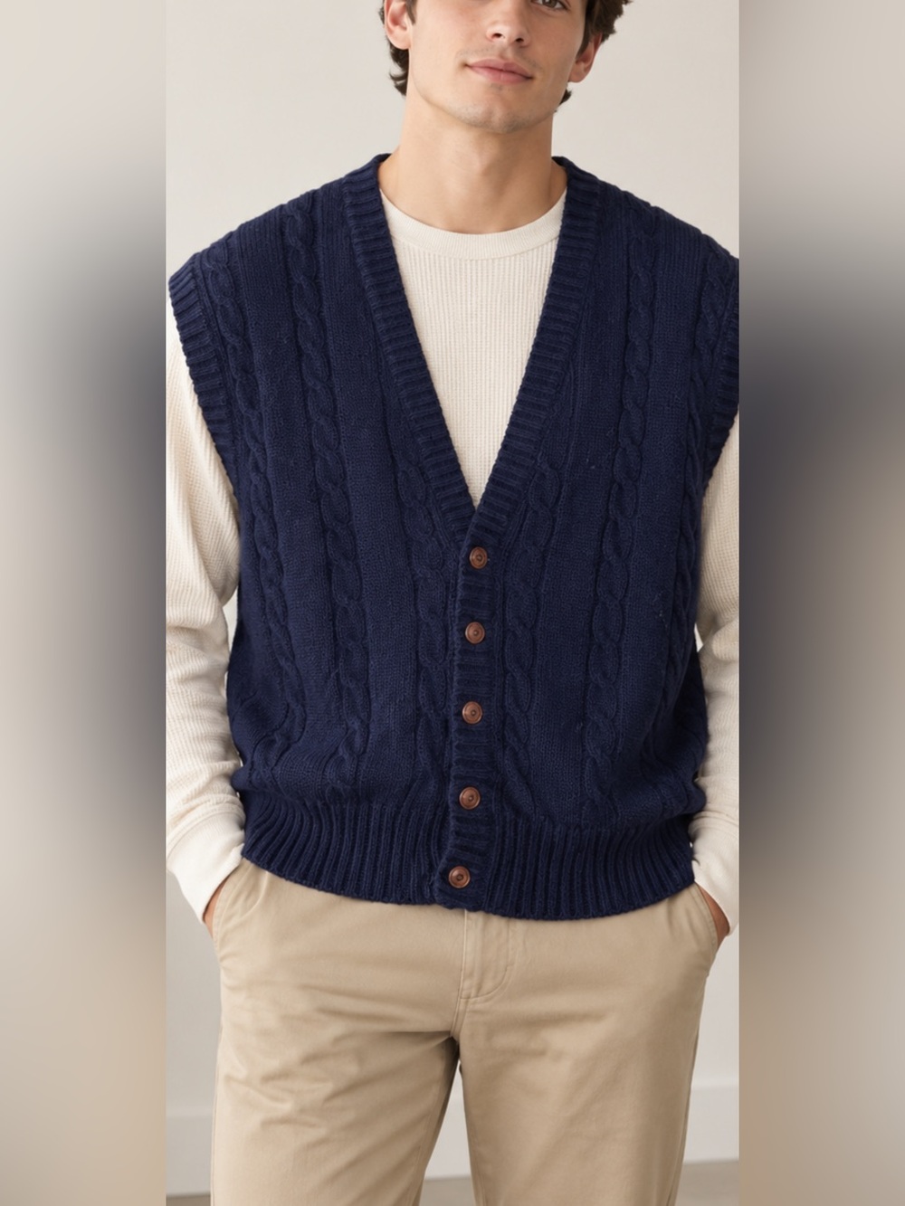 Christopher Hayes Men’s XL Vintage 100% Wool Cable Knit Button Sweater Vest Navy